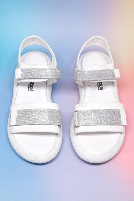 Çocuk Çift Cırtlı Simli Sandalet Çocuk Unisex Beyaz Gümüş Simli Sandalet TBARZ1140 - MALLTURK