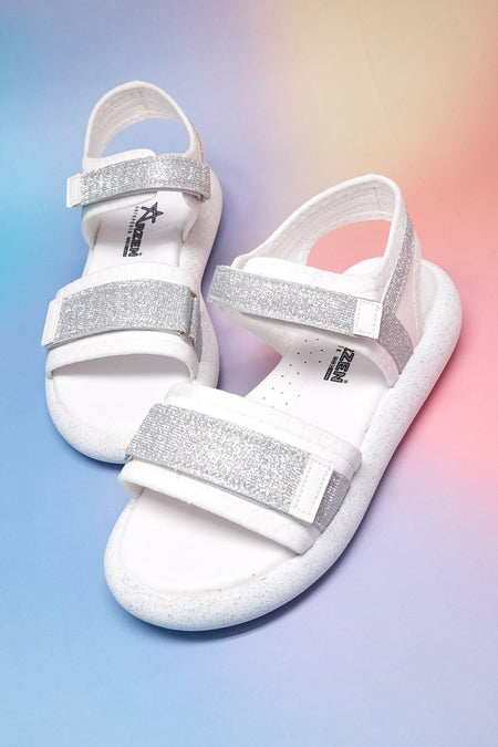 Çocuk Çift Cırtlı Simli Sandalet Çocuk Unisex Beyaz Gümüş Simli Sandalet TBARZ1140 - MALLTURK