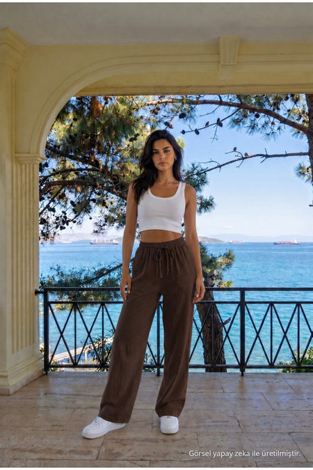 COFFEE Linen Blend Loose Fit Elastic Waist Trousers - MALLTURK