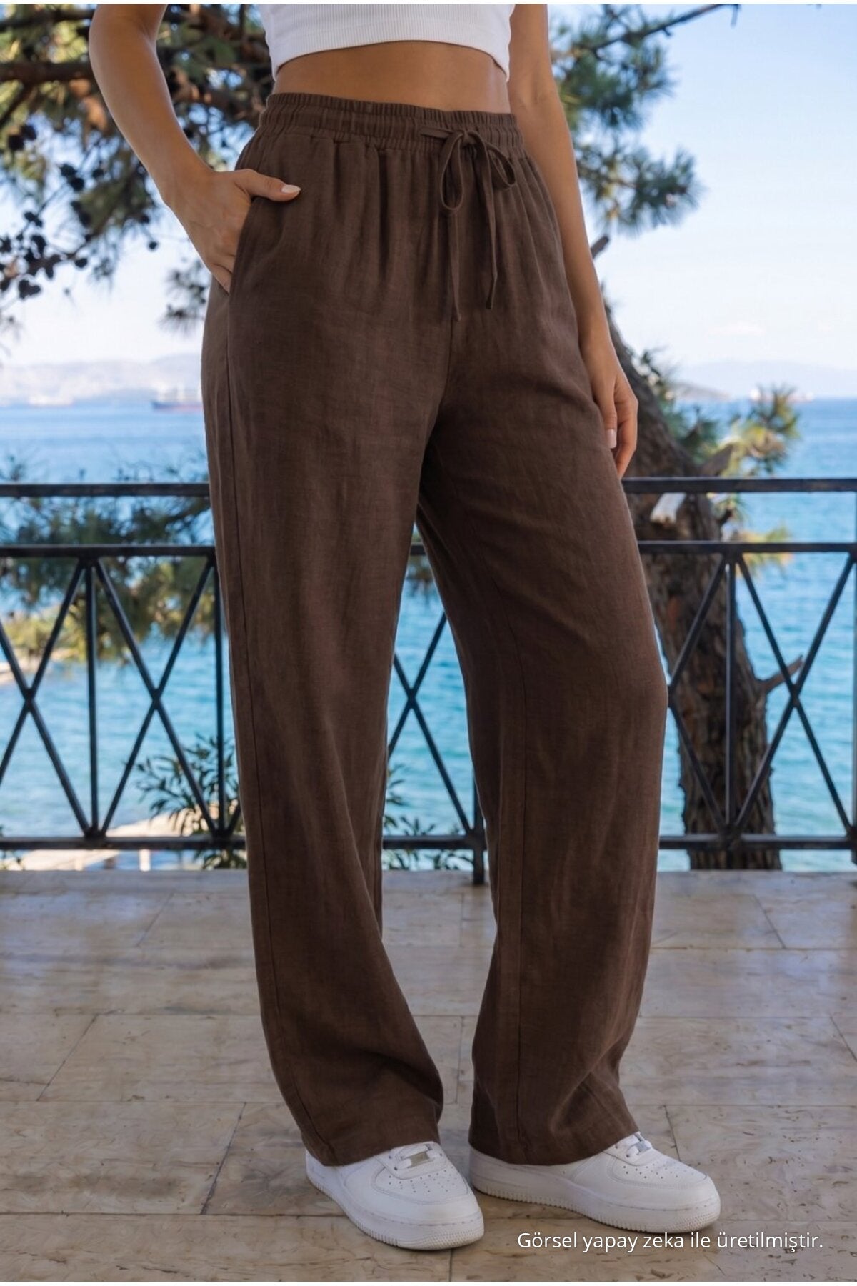 COFFEE Linen Blend Loose Fit Elastic Waist Trousers - MALLTURK