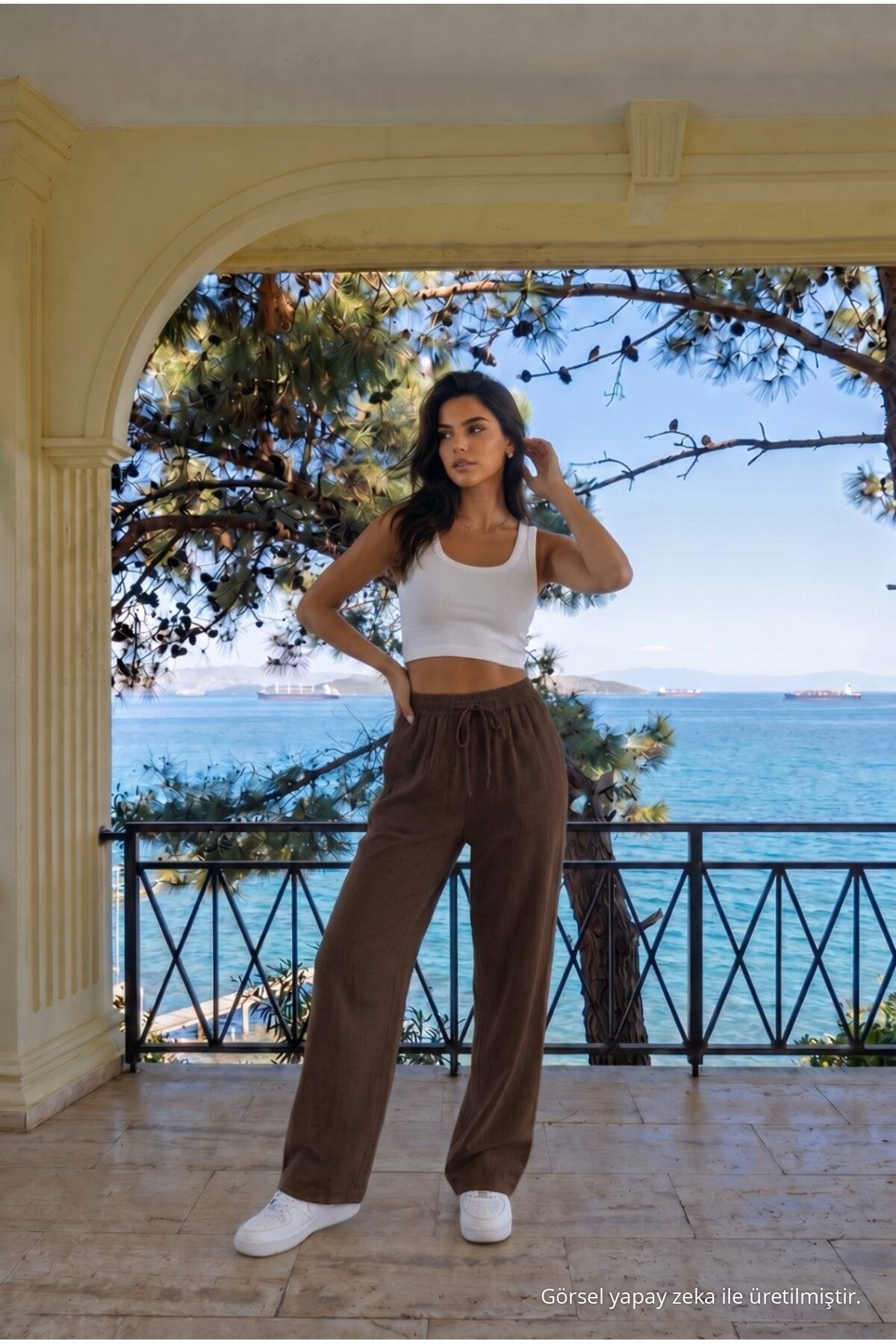 COFFEE Linen Blend Loose Fit Elastic Waist Trousers - MALLTURK