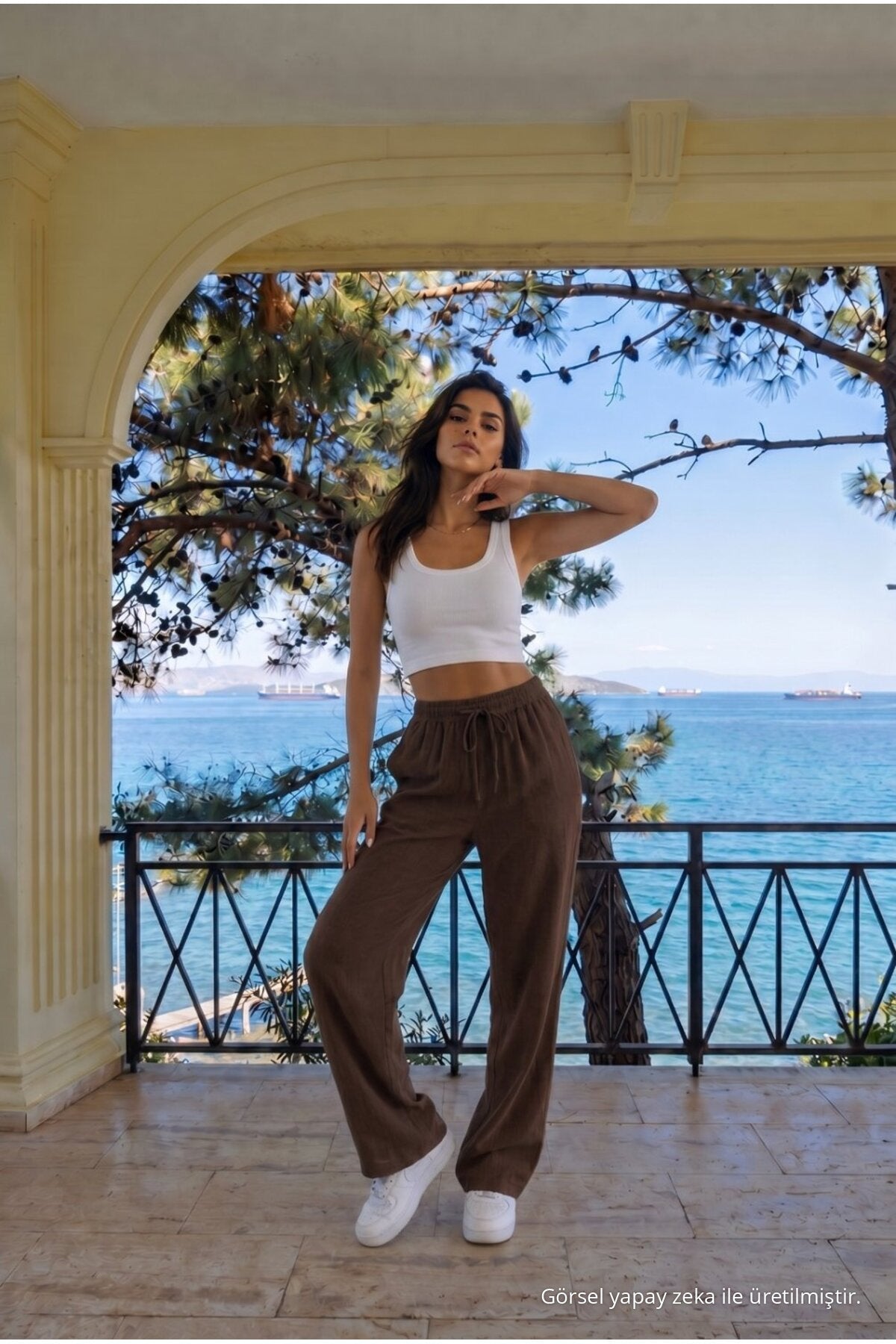 COFFEE Linen Blend Loose Fit Elastic Waist Trousers - MALLTURK