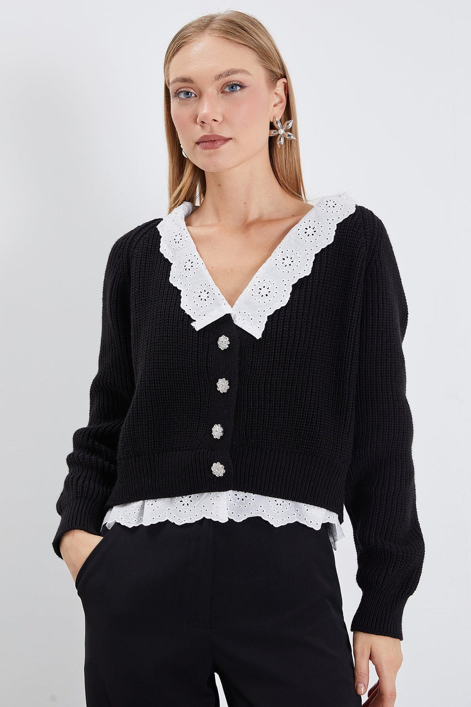 Collar and Hem Lace-Up Knitwear Cardigan - MALLTURK