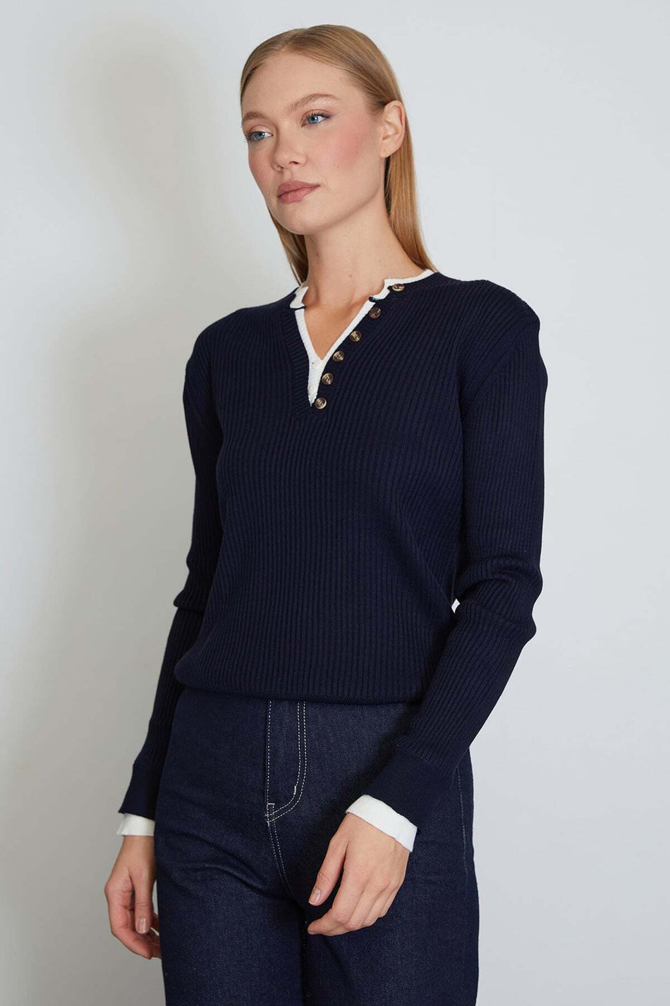Collar and Sleeve Embellished Buttoned Knit Sweater - MALLTURK