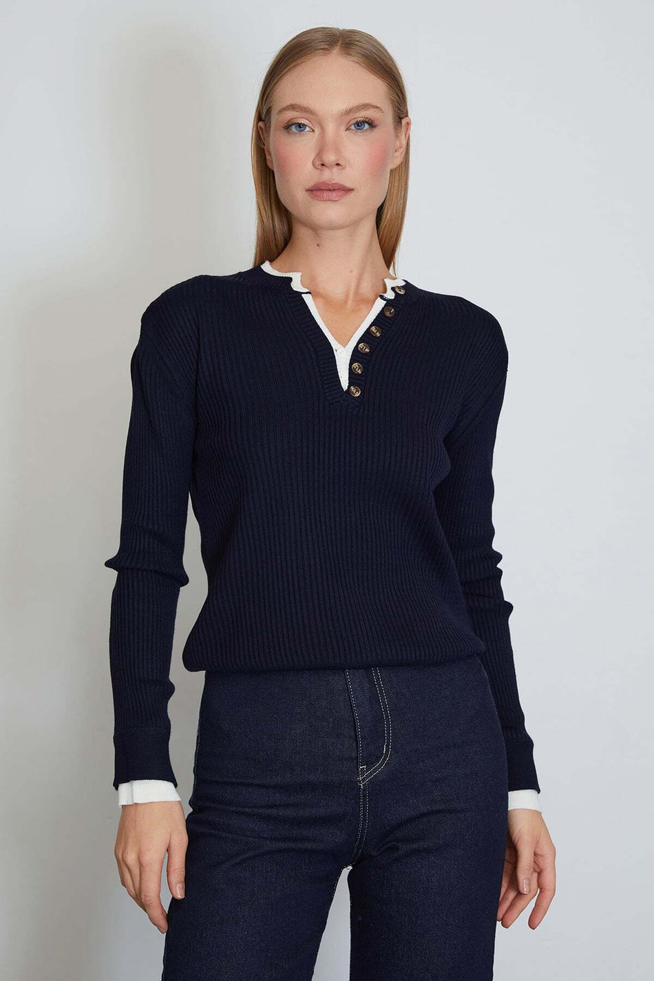 Collar and Sleeve Embellished Buttoned Knit Sweater - MALLTURK