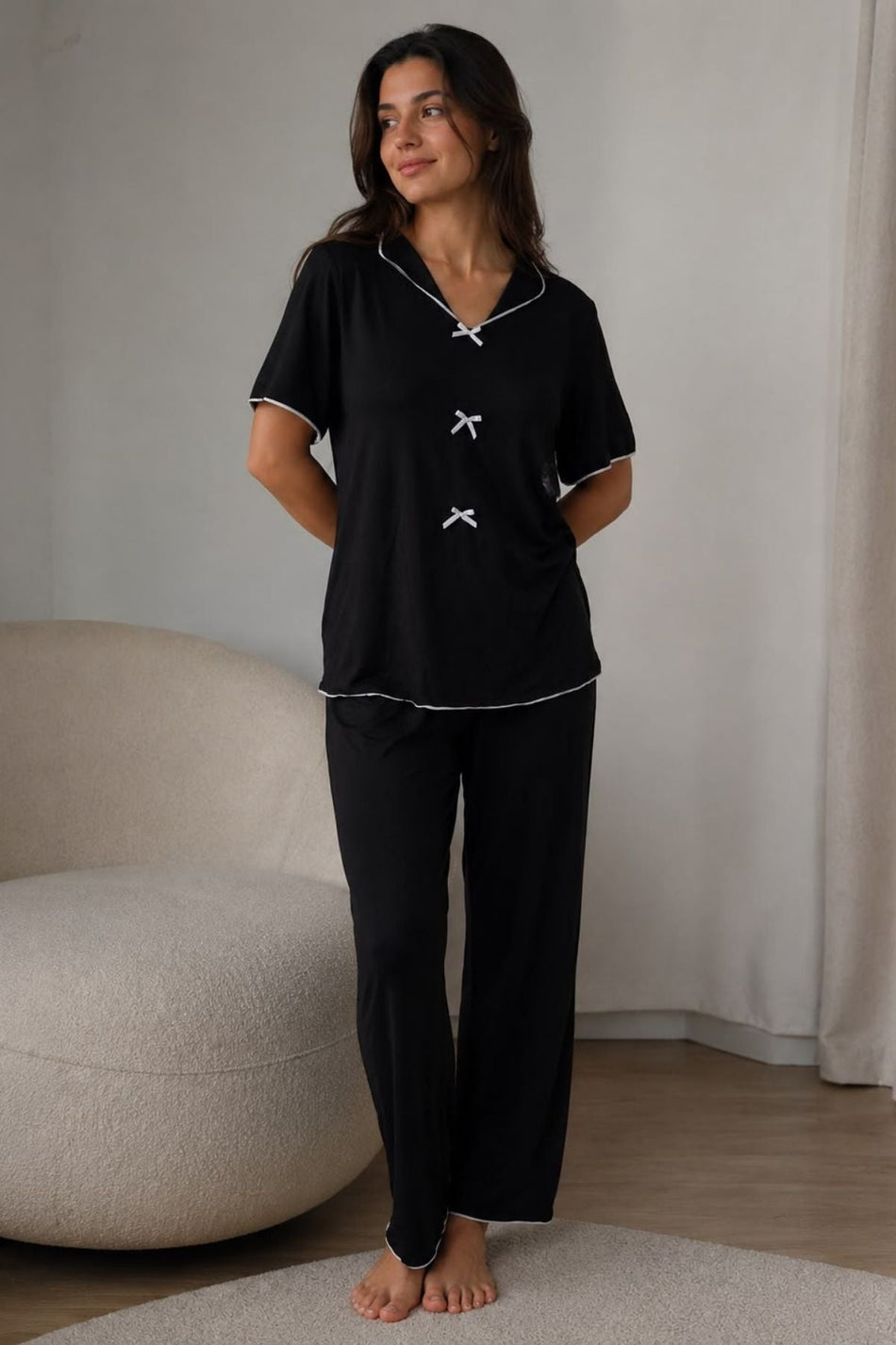 Cotton Black Bow Detail Transitional Pajama Set - MALLTURK
