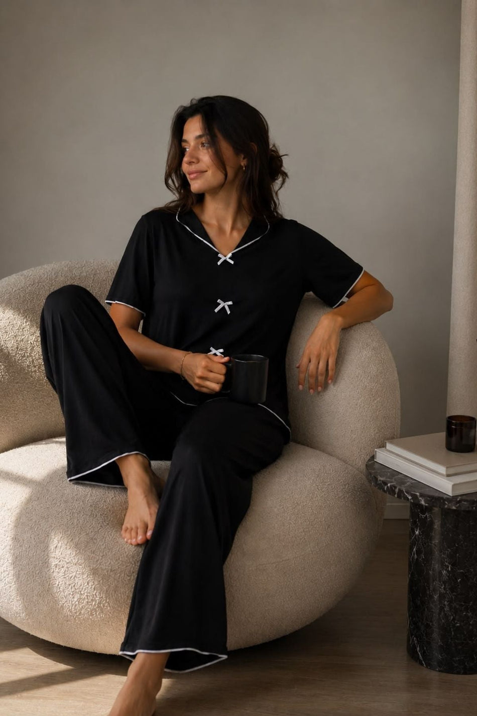 Cotton Black Bow Detail Transitional Pajama Set - MALLTURK