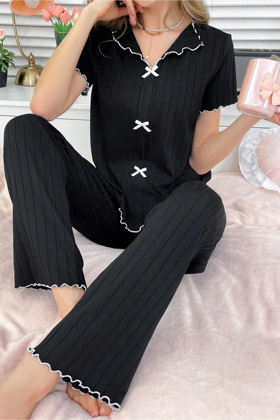 Cotton Black Ribbed Seasonal Women's Pajamas Set - MALLTURK