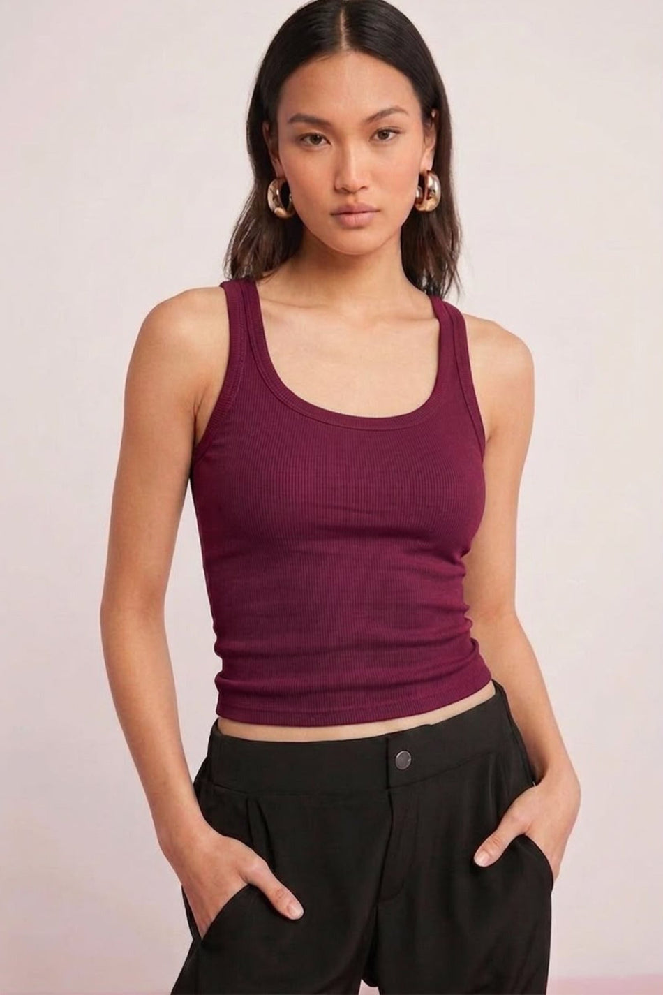 Cotton Women's Ribbed Look Thick Strap Basic Undershirt 4624-Burgundy - MALLTURK