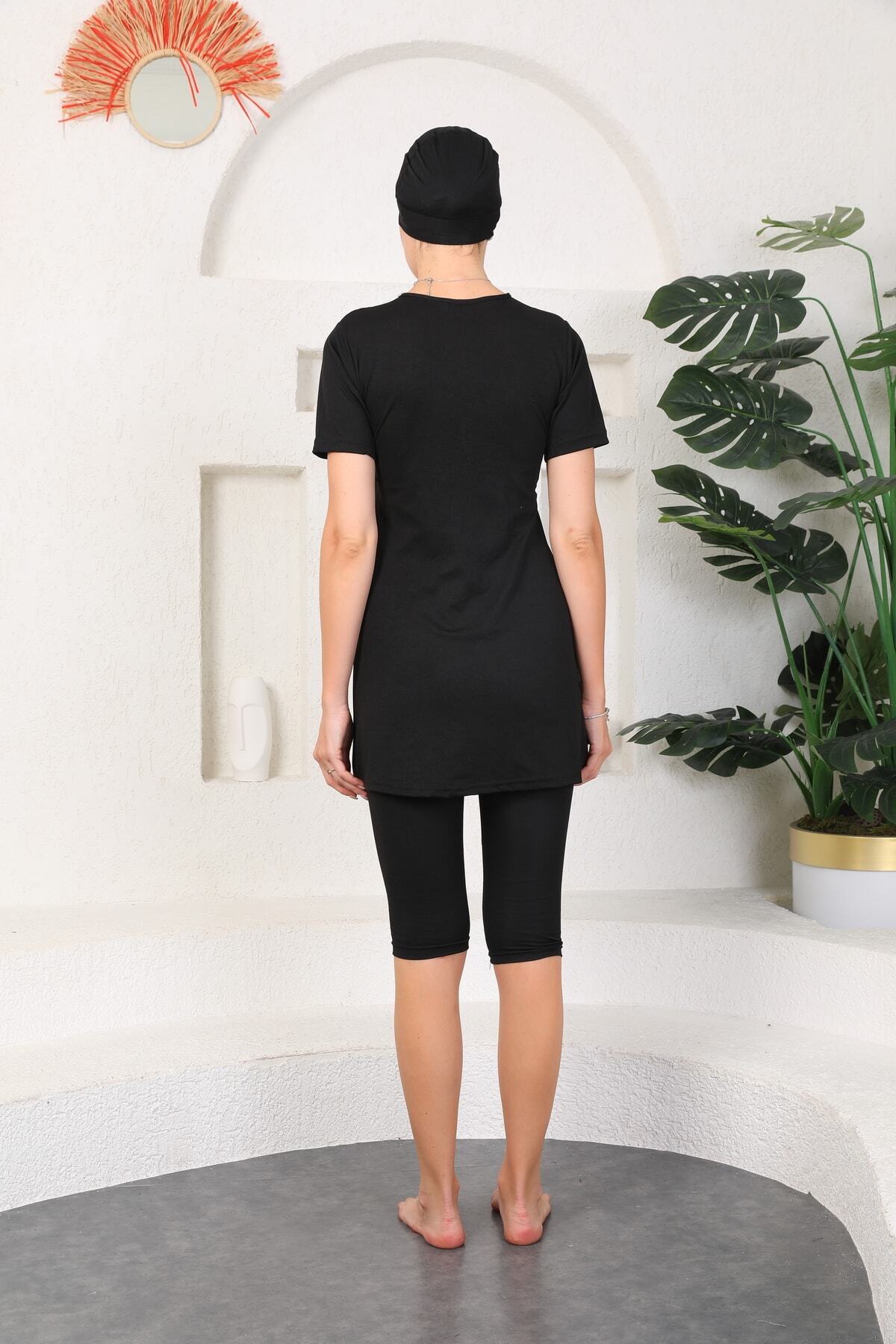 Cream Piping Half Sleeve Hijab Swimsuit - MALLTURK