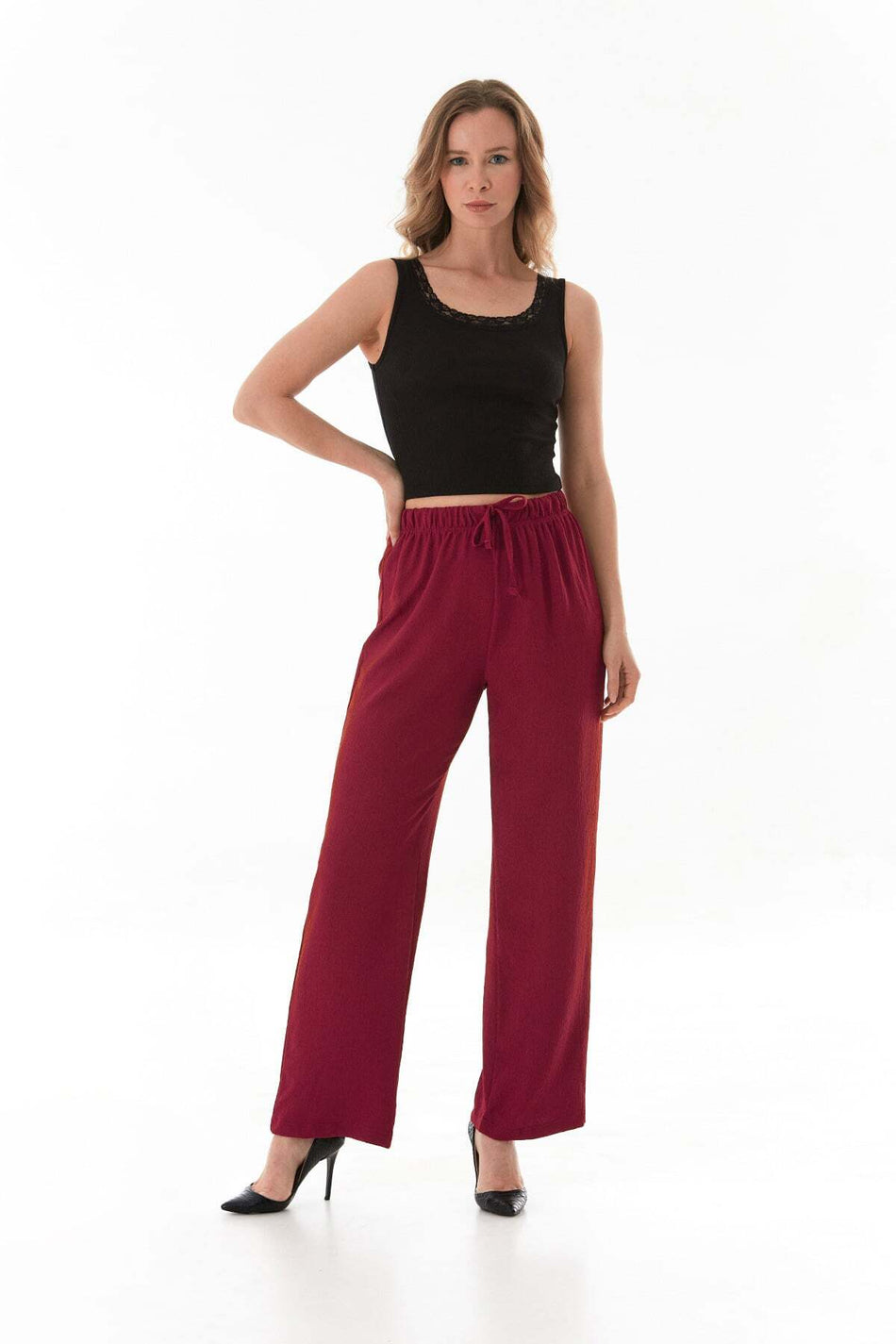 Crinkle Fabric Tie Waist Trousers - MALLTURK