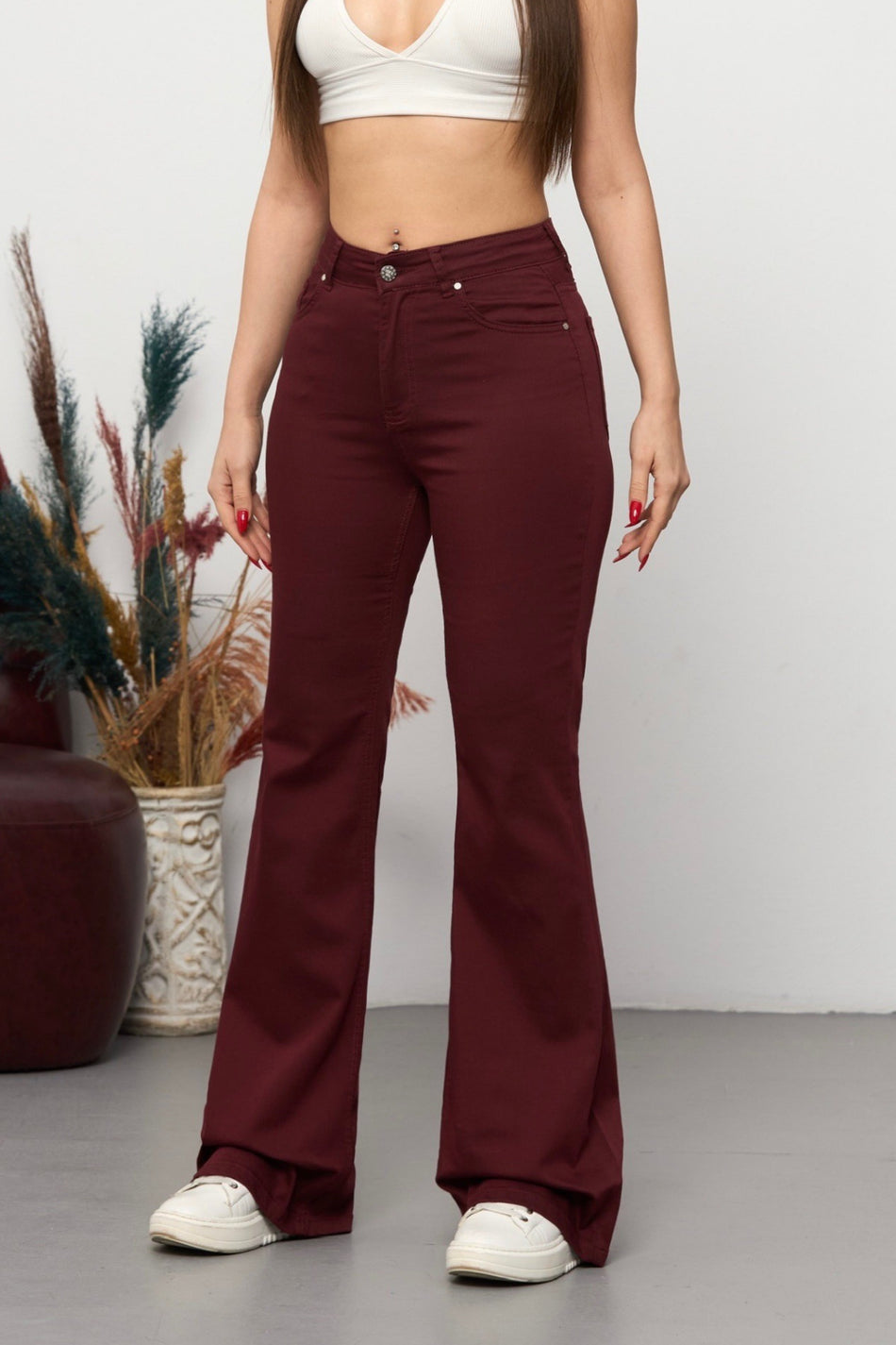 Pantalon flare bordeaux taille haute extensible/Lycra