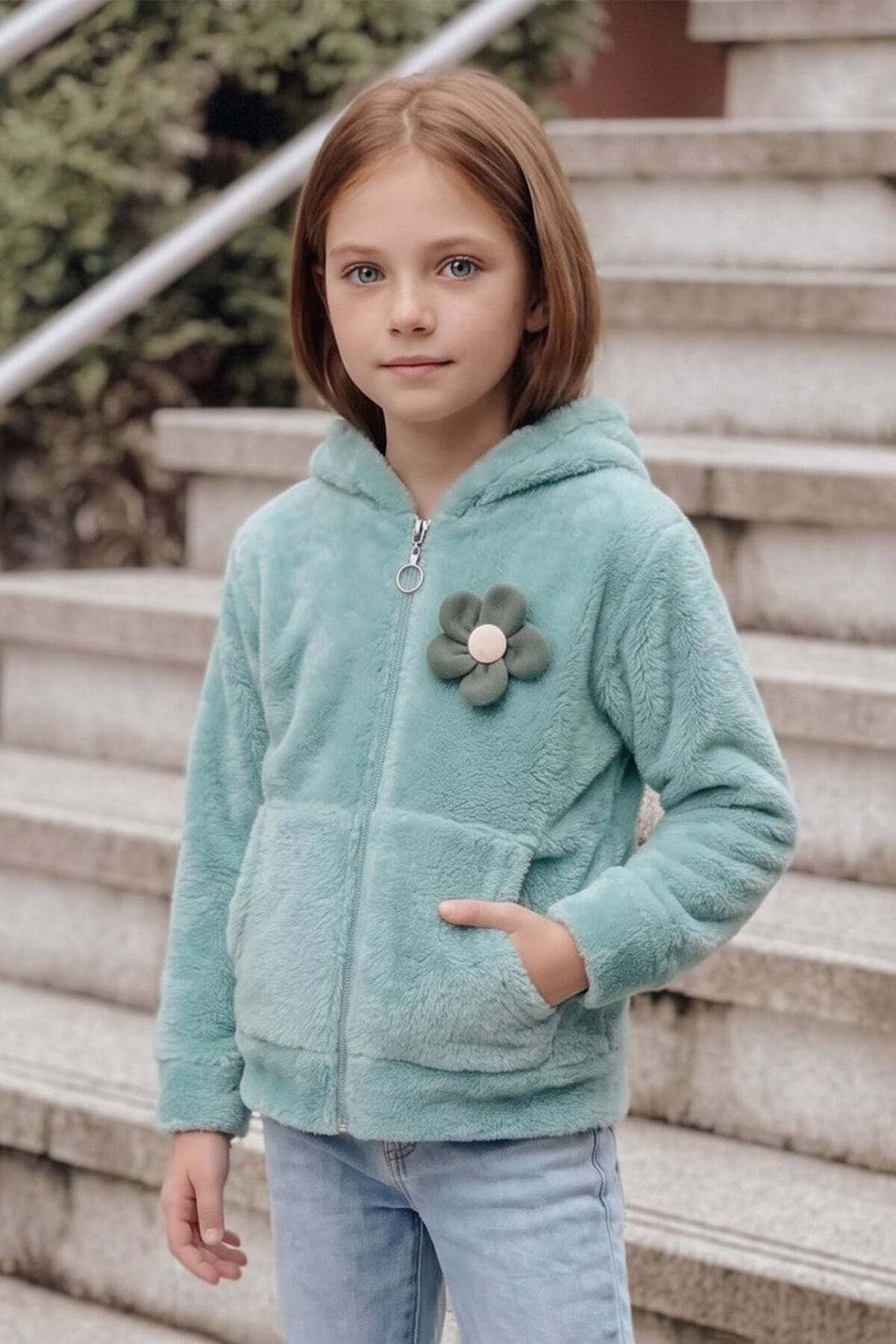 Daisy Accessory Zippered Girl's Plush Coat - MALLTURK