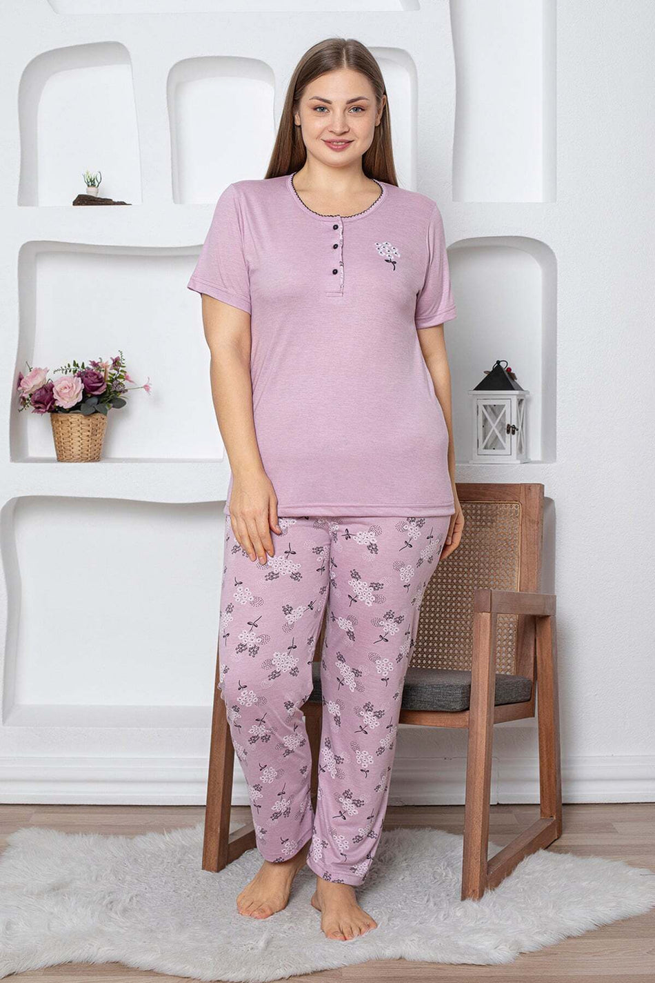 Daisy Patterned Large Size Pajama Set - MALLTURK