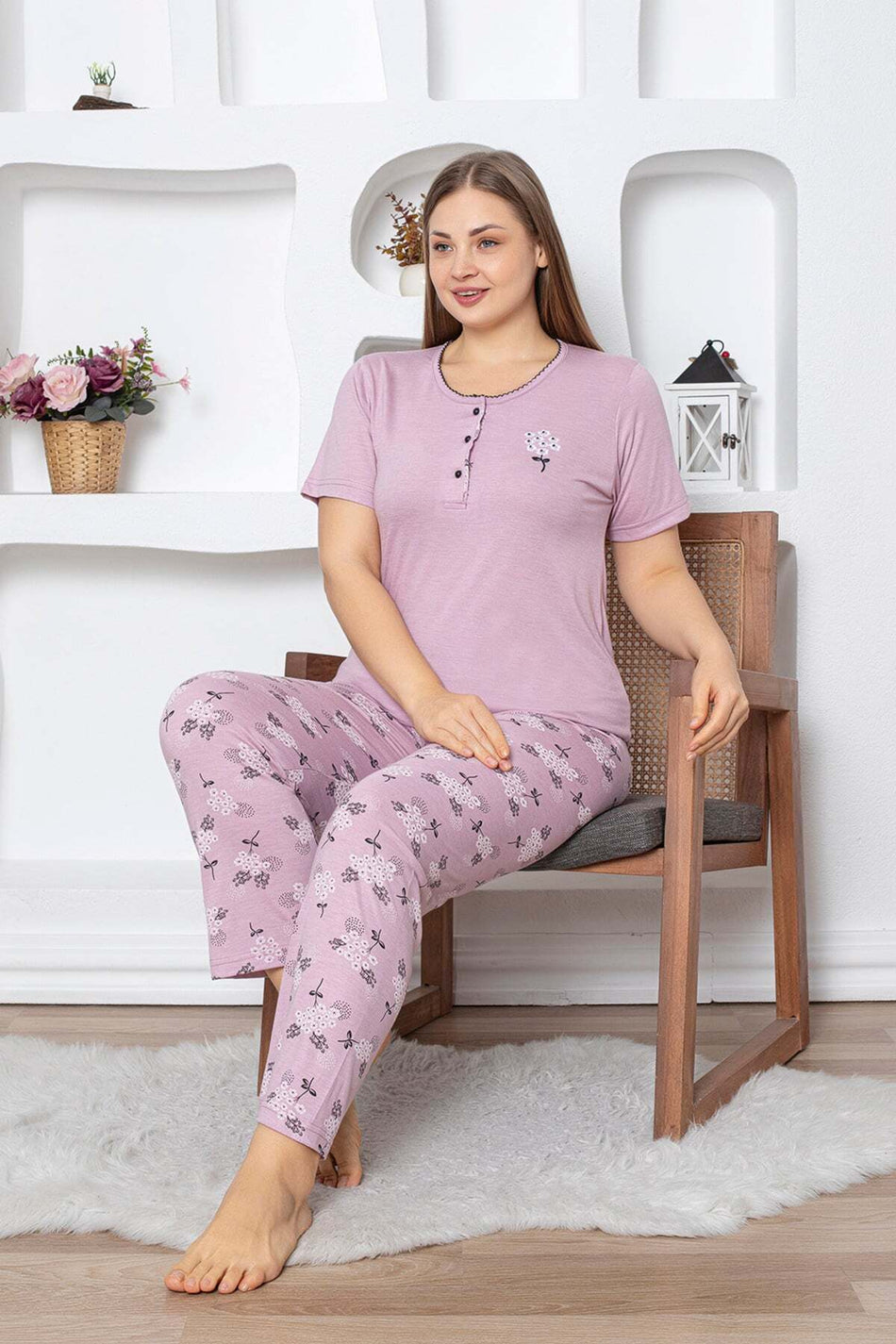 Daisy Patterned Large Size Pajama Set - MALLTURK