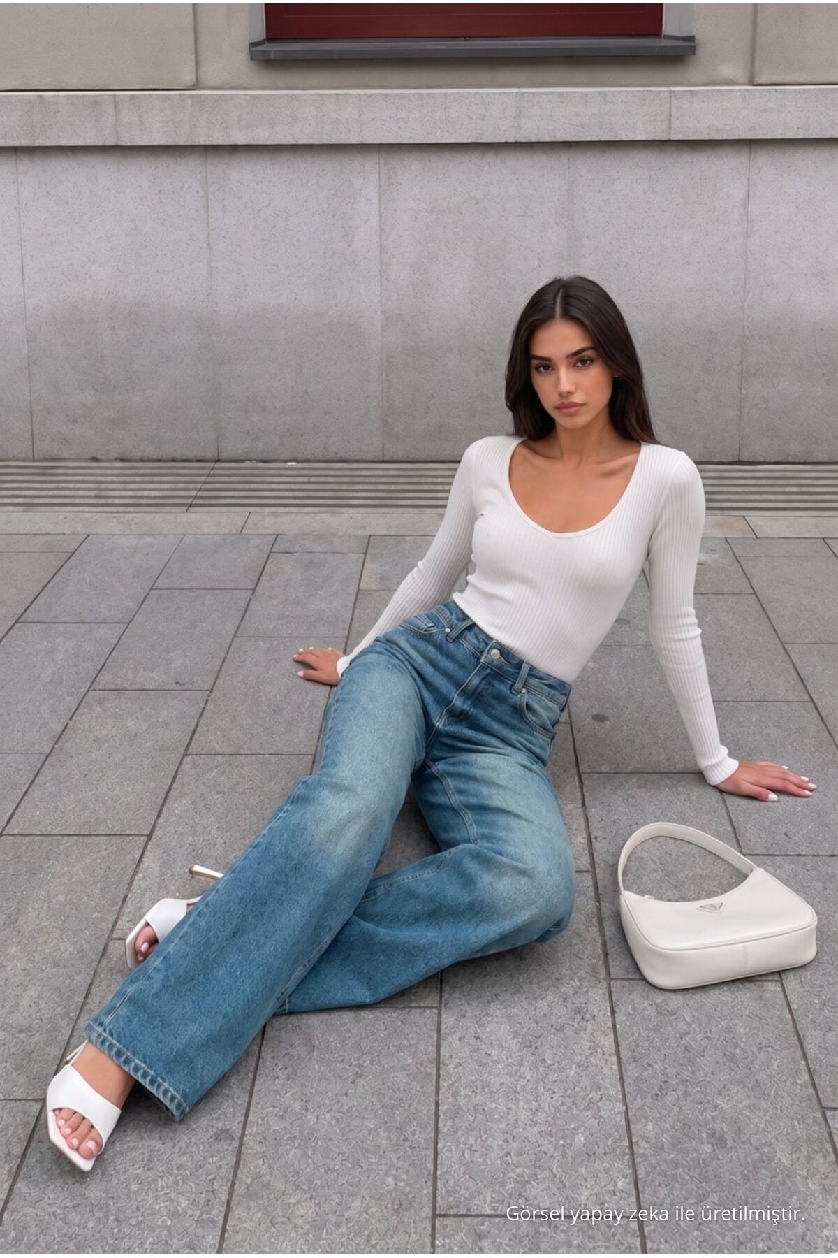 DARK BLUE Faded Effect Vintage High Waist Wide Leg Jeans with Lycra - MALLTURK