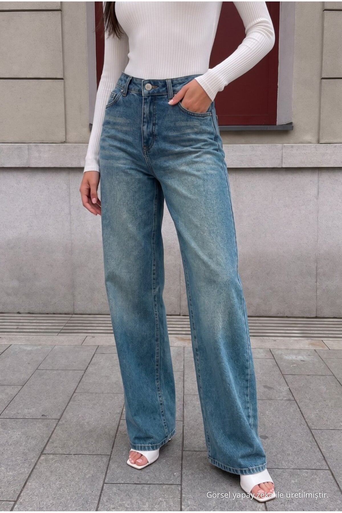 DARK BLUE Faded Effect Vintage High Waist Wide Leg Jeans with Lycra - MALLTURK