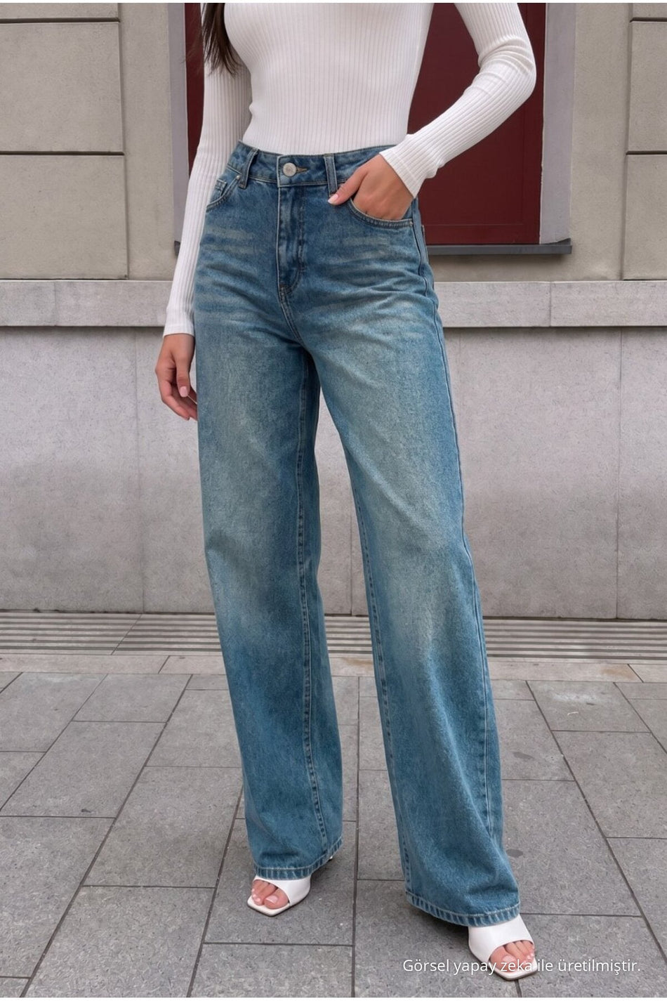 DARK BLUE Faded Effect Vintage High Waist Wide Leg Jeans with Lycra - MALLTURK