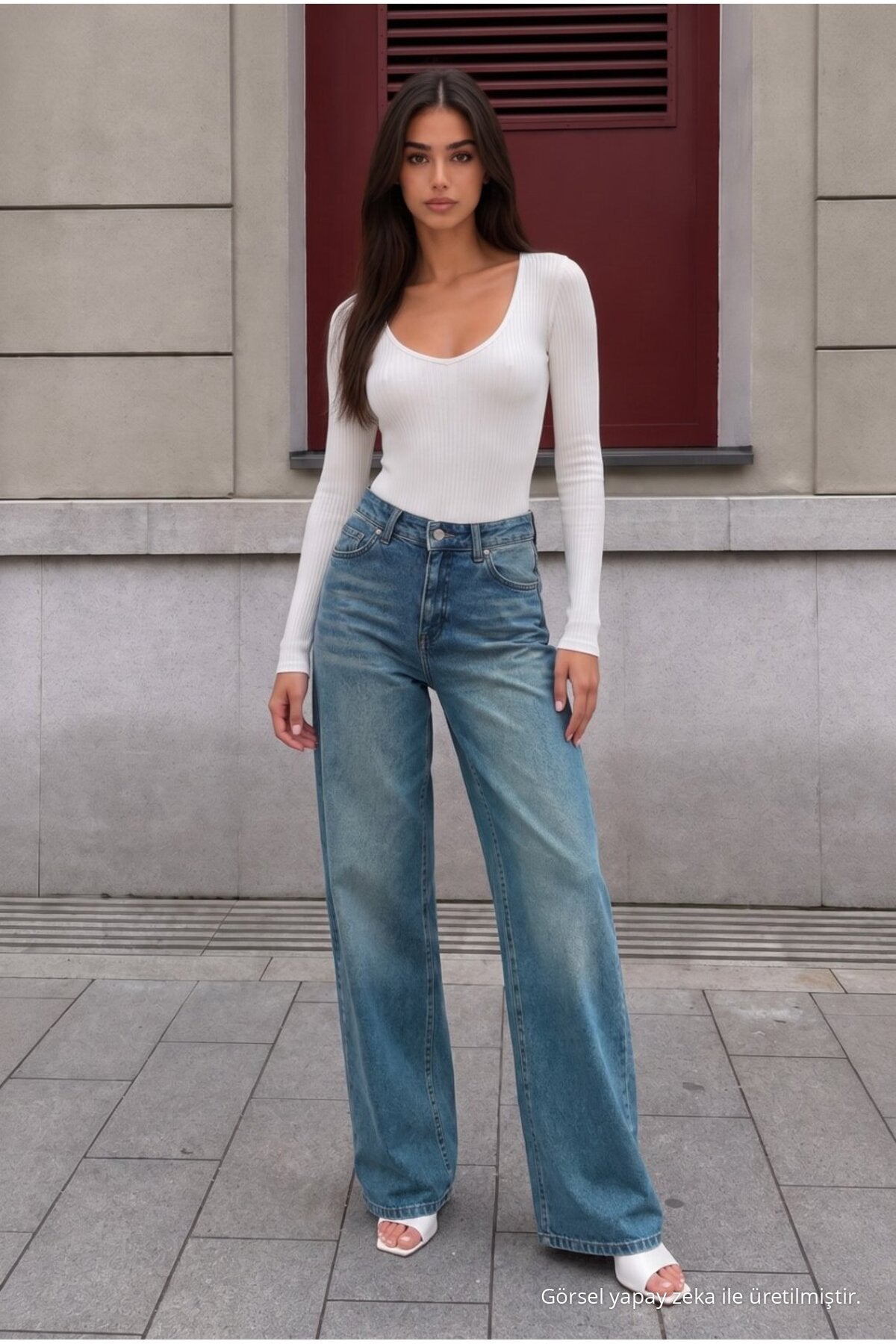 DARK BLUE Faded Effect Vintage High Waist Wide Leg Jeans with Lycra - MALLTURK
