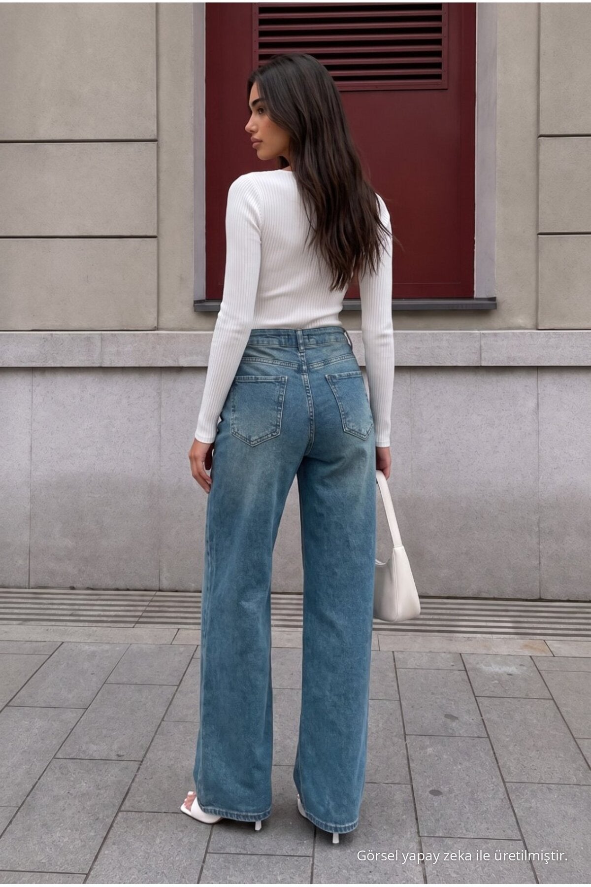 DARK BLUE Faded Effect Vintage High Waist Wide Leg Jeans with Lycra - MALLTURK
