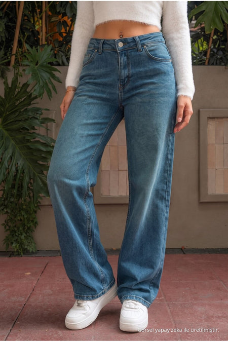 DARK BLUE Vintage High Waist Wide Leg Jeans with Lycra - MALLTURK