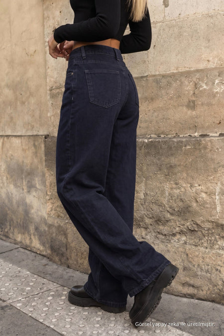 Dark Navy High Waist Wide Leg Palazzo Jeans - MALLTURK