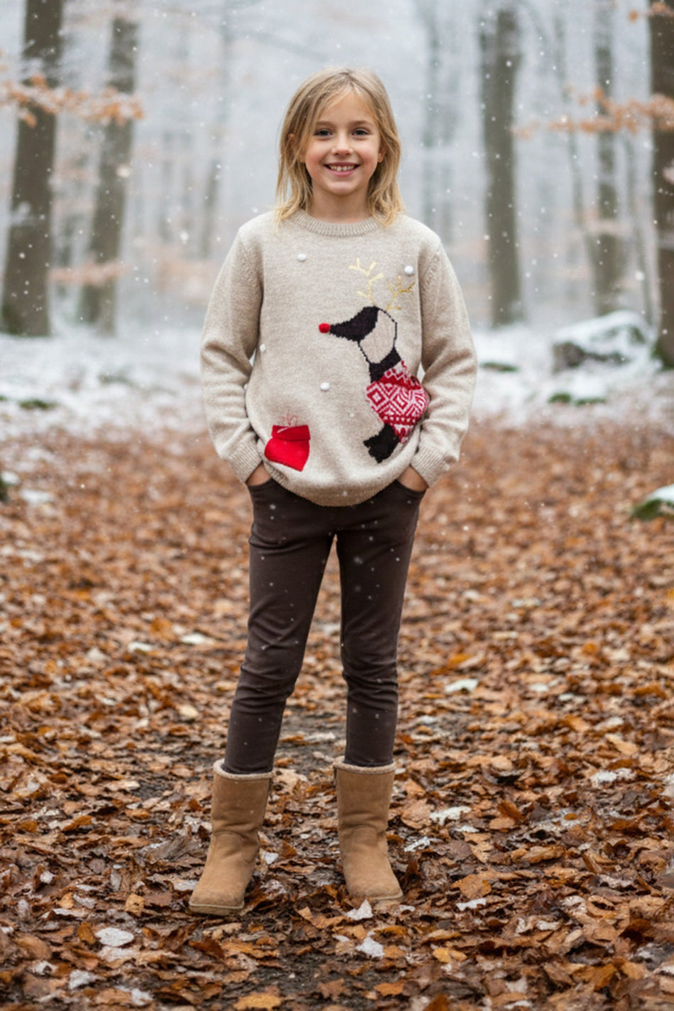Deer Patterned Girl's Knit Sweater - MALLTURK