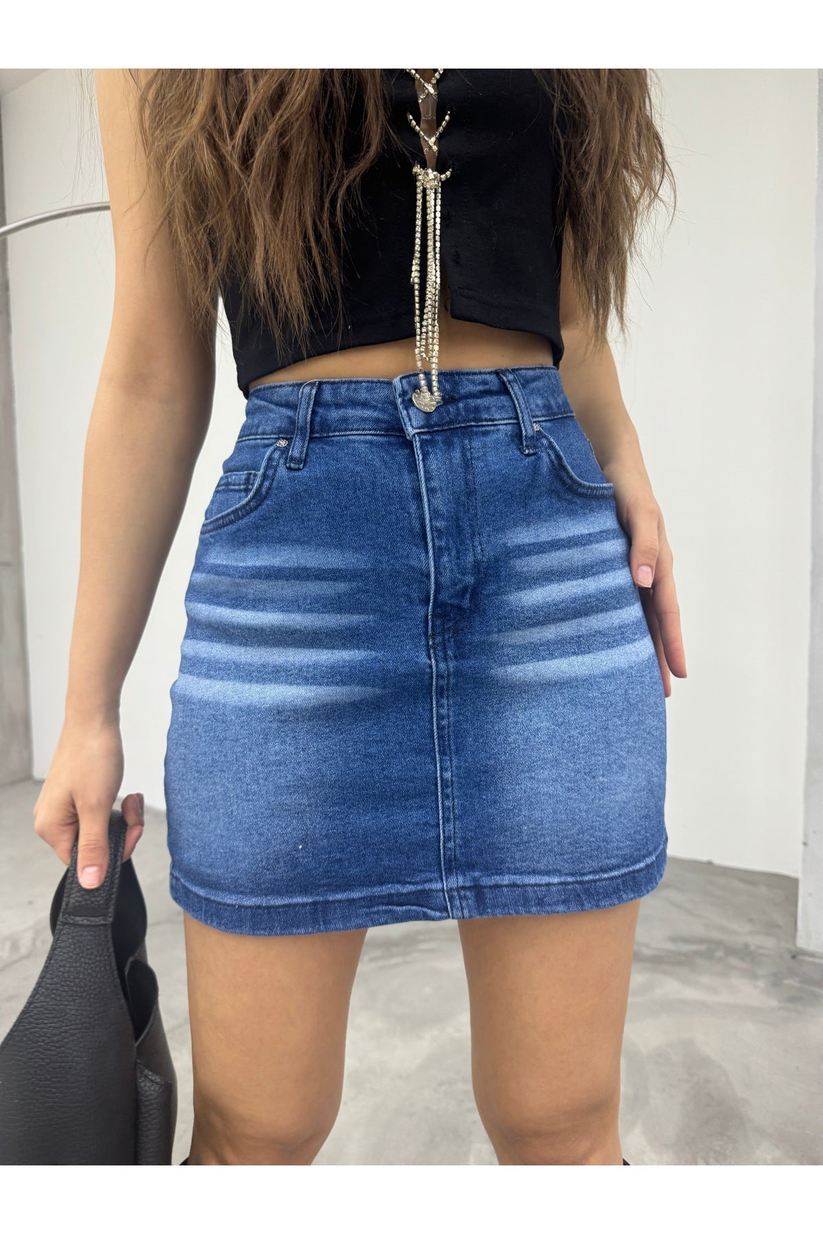Distressed Faded Effect Vintage High Waist Mini Denim Skirt Blue - MALLTURK