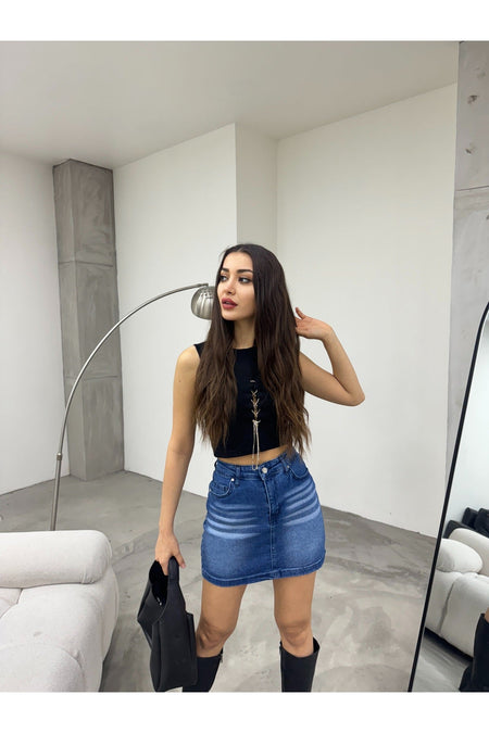 Distressed Faded Effect Vintage High Waist Mini Denim Skirt Blue - MALLTURK