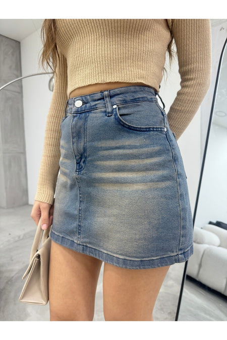 Distressed Faded Effect Vintage High Waist Mini Denim Skirt Sky Blue - MALLTURK