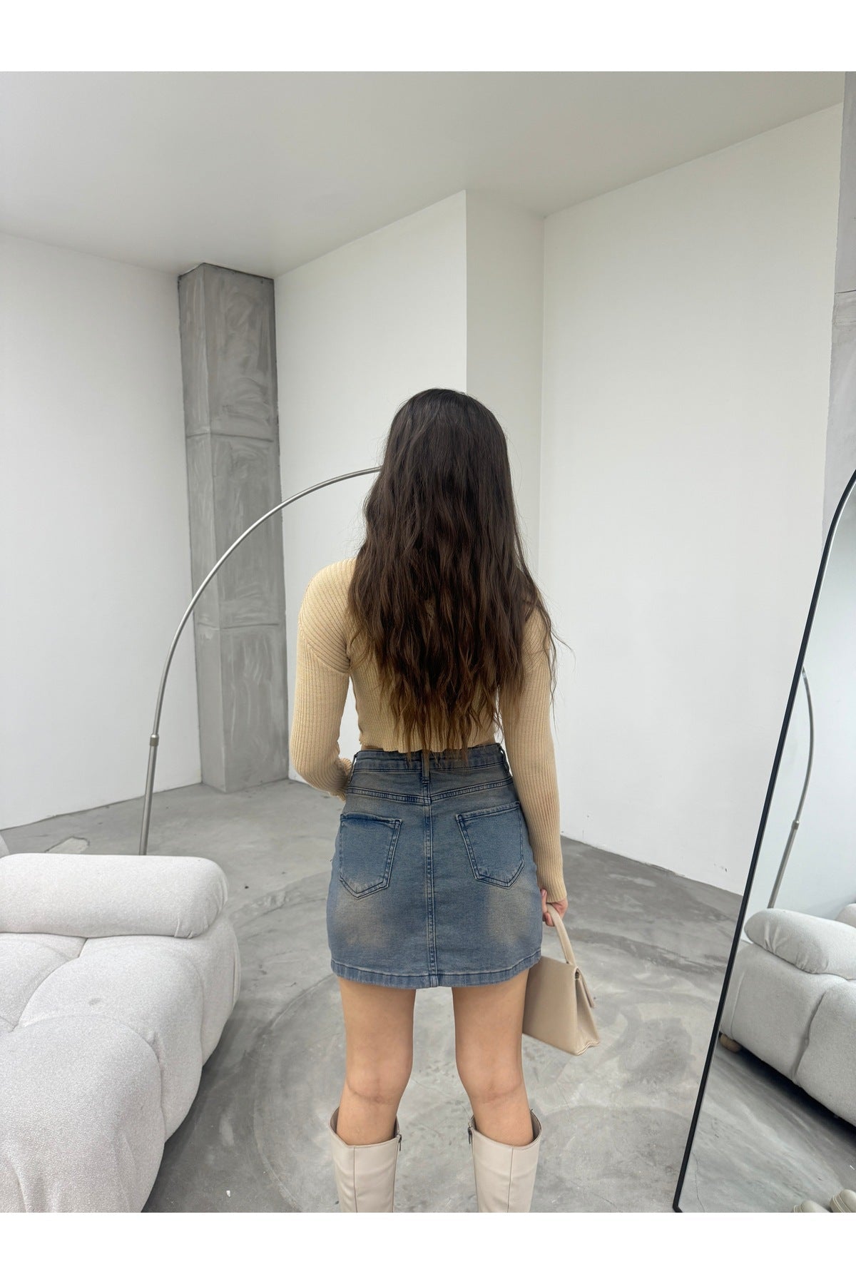Distressed Faded Effect Vintage High Waist Mini Denim Skirt Sky Blue - MALLTURK