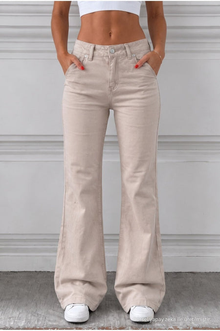 Distressed Wash High Waist Flare/Spanish Denim Jeans Beige - MALLTURK