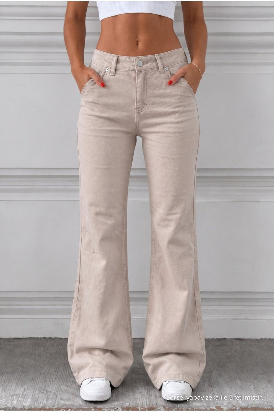 Distressed Wash High Waist Flare/Spanish Denim Jeans Beige - MALLTURK