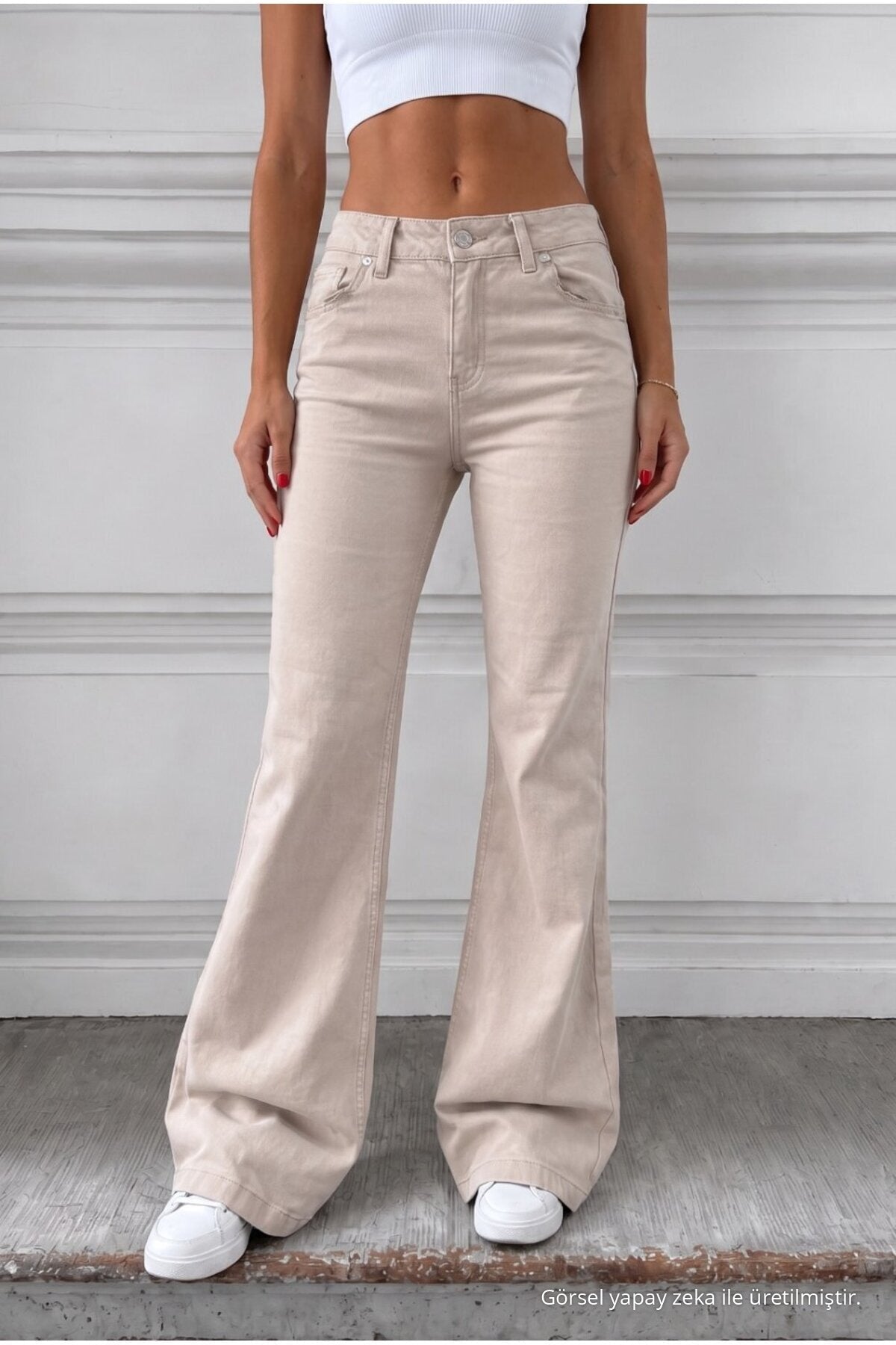 Distressed Wash High Waist Flare/Spanish Denim Jeans Beige - MALLTURK