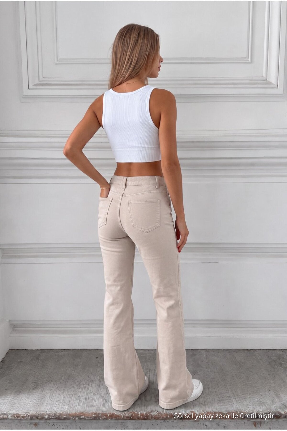 Distressed Wash High Waist Flare/Spanish Denim Jeans Beige - MALLTURK