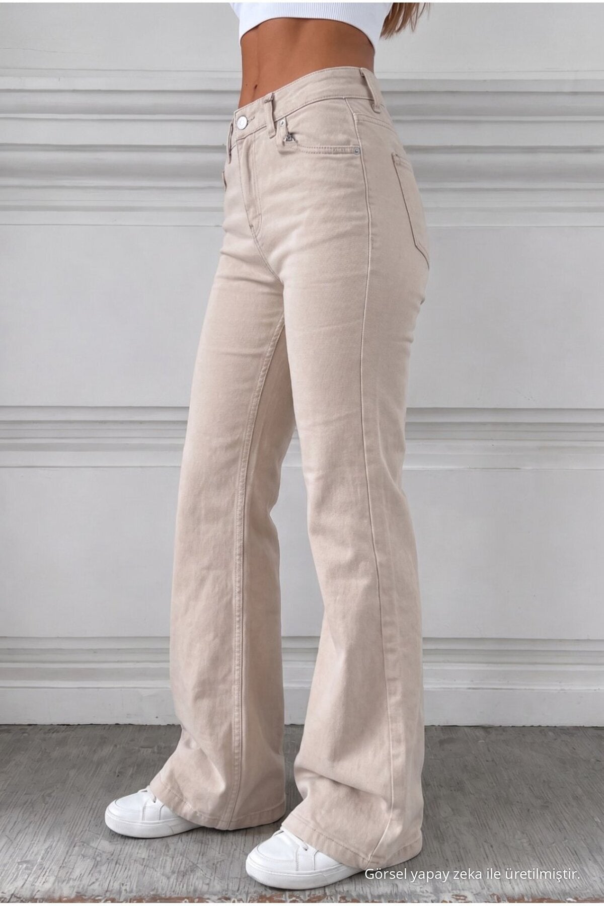 Distressed Wash High Waist Flare/Spanish Denim Jeans Beige - MALLTURK