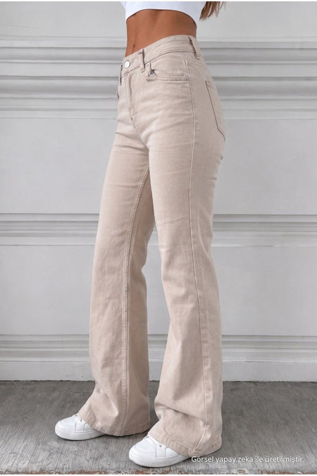 Distressed Wash High Waist Flare/Spanish Denim Jeans Beige - MALLTURK