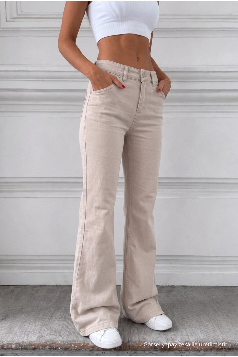 Distressed Wash High Waist Flare/Spanish Denim Jeans Beige - MALLTURK
