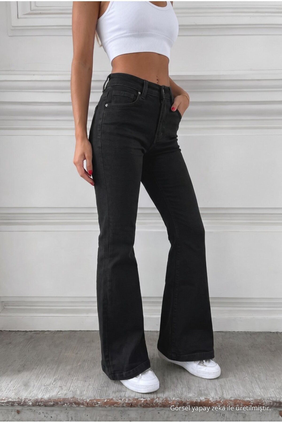 Distressed Wash High Waist Flare/Spanish Denim Jeans Black - MALLTURK