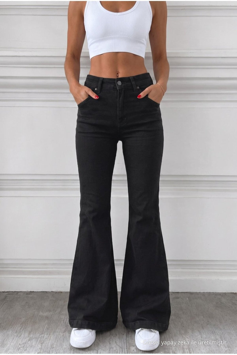 Distressed Wash High Waist Flare/Spanish Denim Jeans Black - MALLTURK