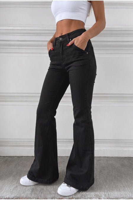 Distressed Wash High Waist Flare/Spanish Denim Jeans Black - MALLTURK