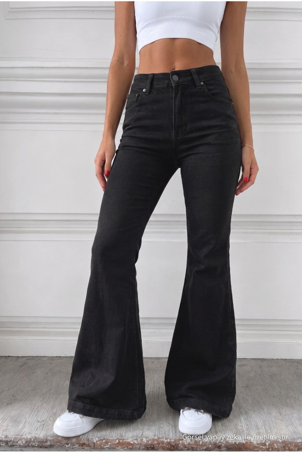 Distressed Wash High Waist Flare/Spanish Denim Jeans Black - MALLTURK