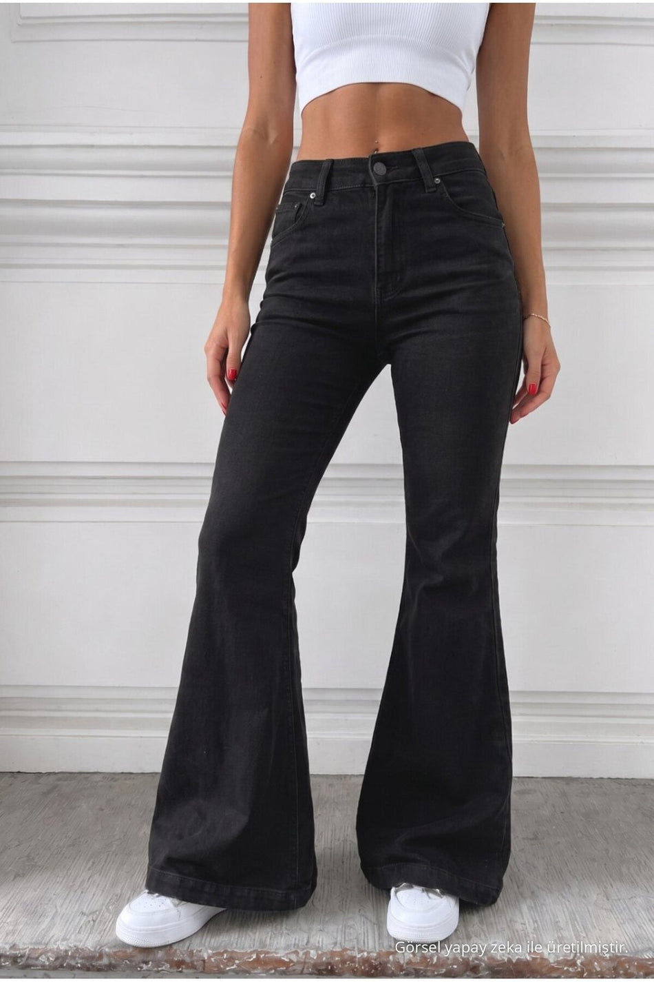 Distressed Wash High Waist Flare/Spanish Denim Jeans Black - MALLTURK