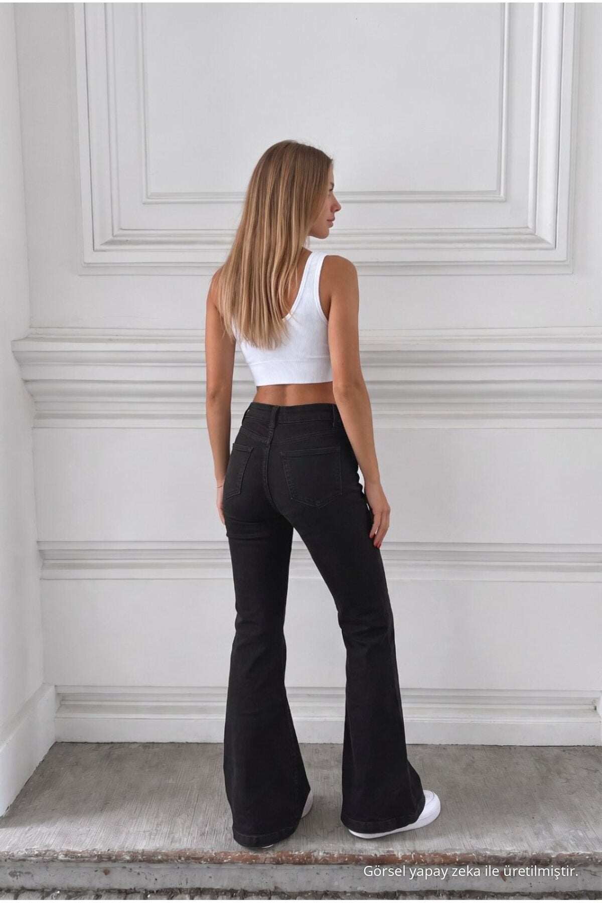 Distressed Wash High Waist Flare/Spanish Denim Jeans Black - MALLTURK