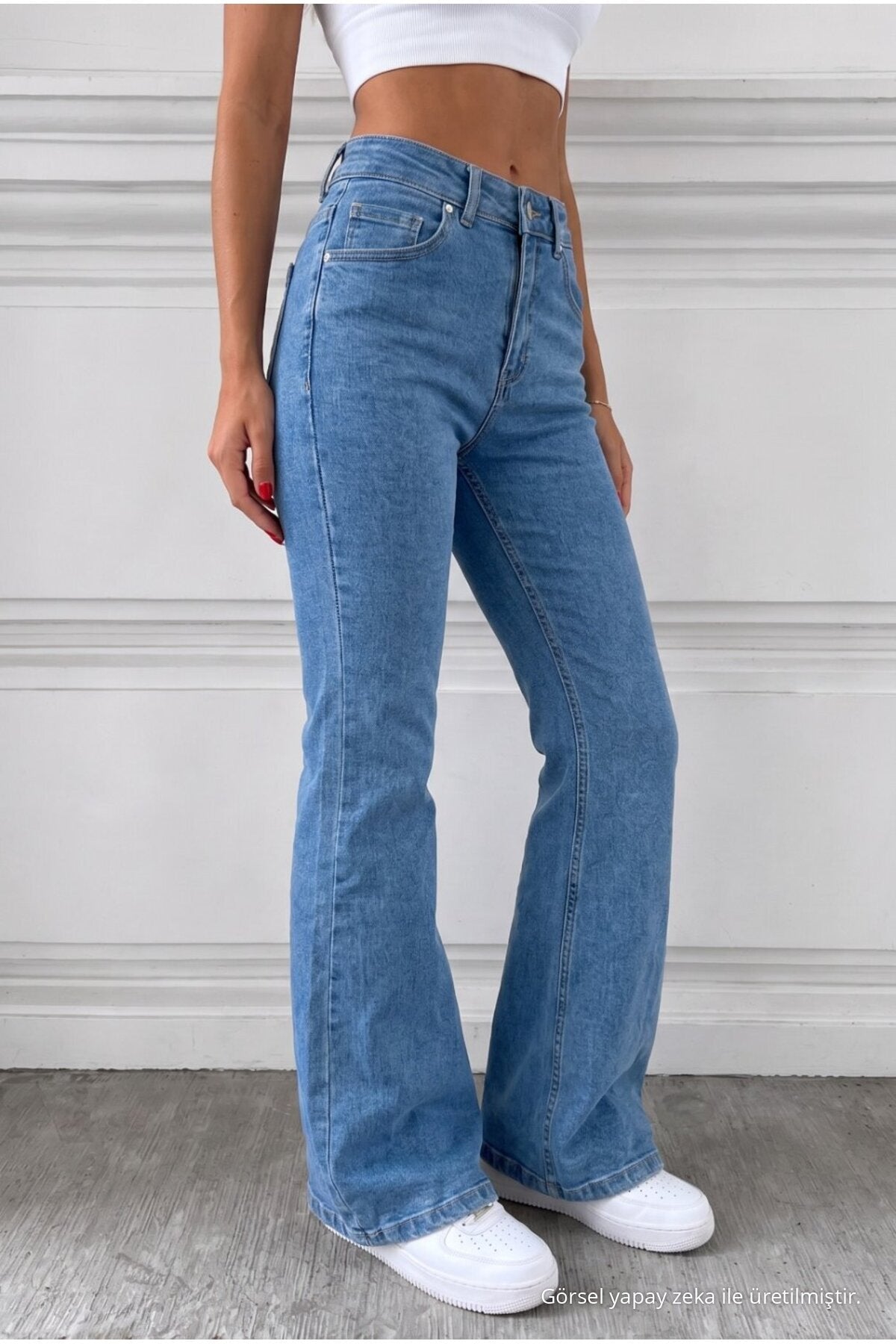 Distressed Wash High Waist Flare/Spanish Denim Jeans Blue - MALLTURK