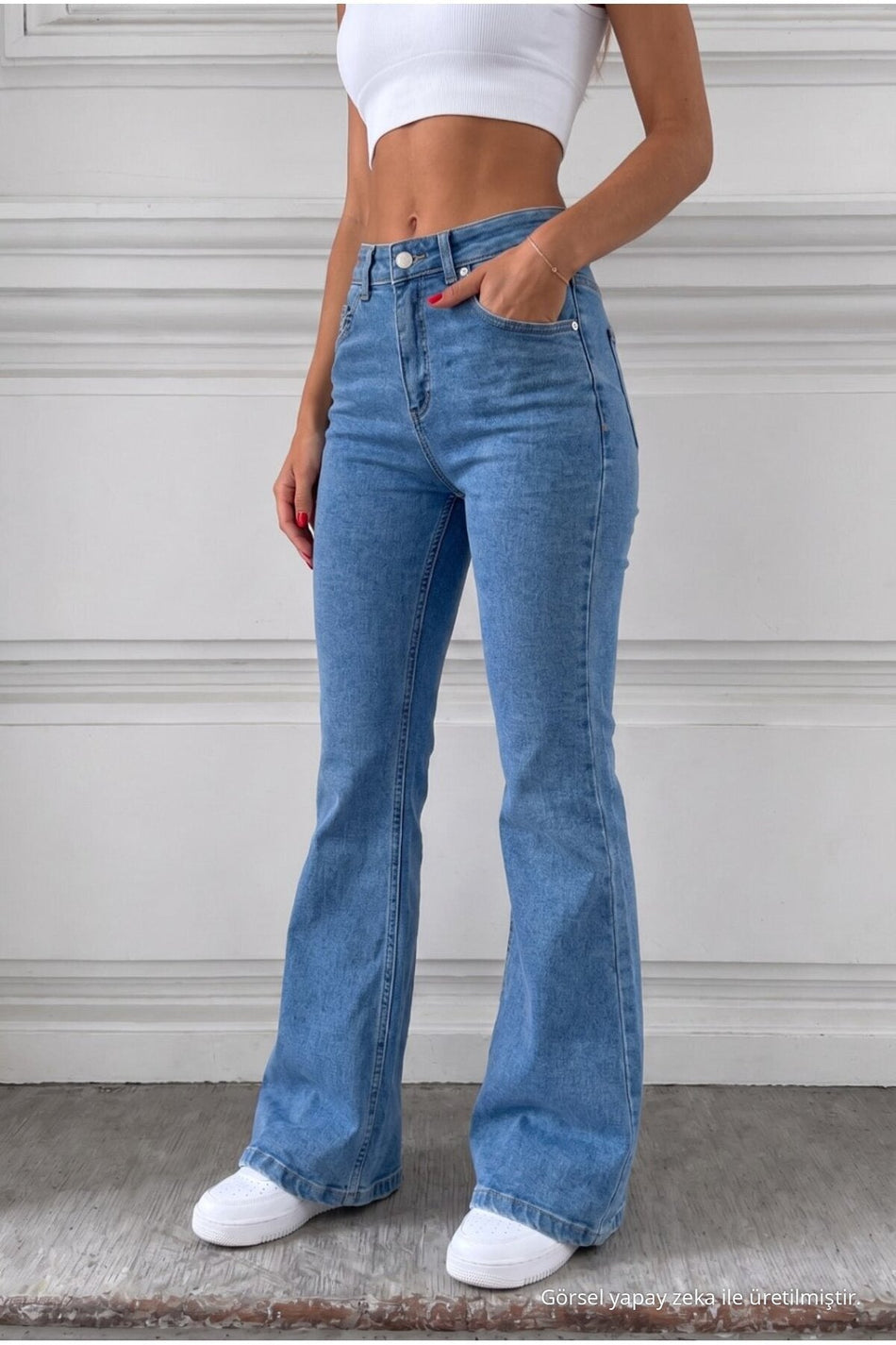 Distressed Wash High Waist Flare/Spanish Denim Jeans Blue - MALLTURK