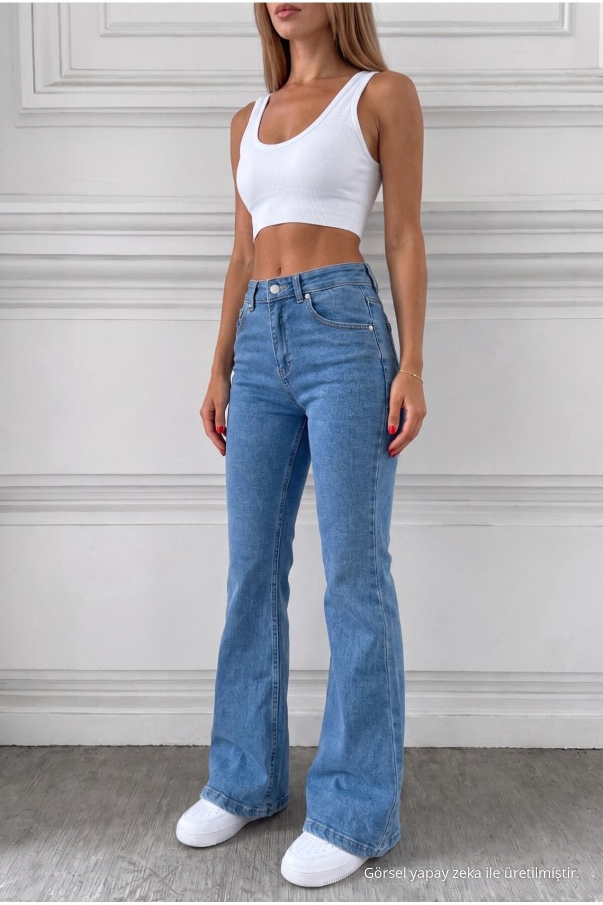 Distressed Wash High Waist Flare/Spanish Denim Jeans Blue - MALLTURK