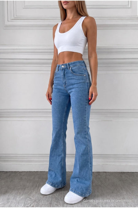 Distressed Wash High Waist Flare/Spanish Denim Jeans Blue - MALLTURK