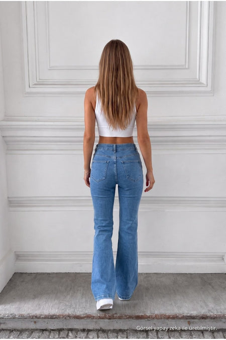 Distressed Wash High Waist Flare/Spanish Denim Jeans Blue - MALLTURK
