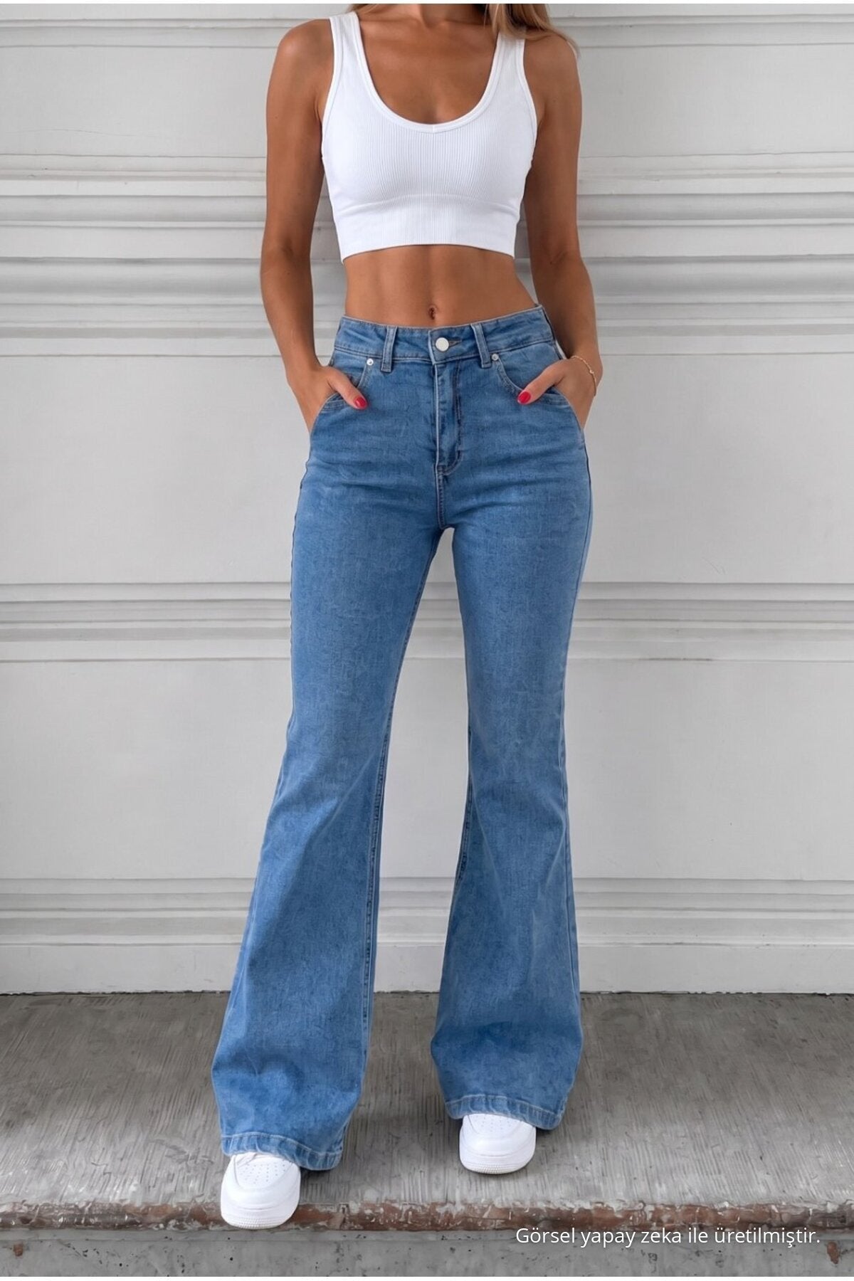 Distressed Wash High Waist Flare/Spanish Denim Jeans Blue - MALLTURK